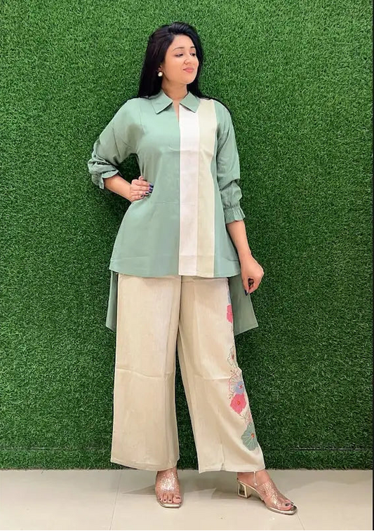 Premium cotton co-ord set with embroidered kurti and palazzo pants