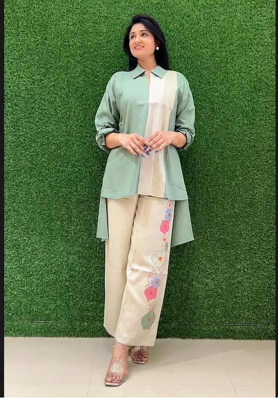 Women’s cotton co-ord set with one-side embroidery and relaxed fit