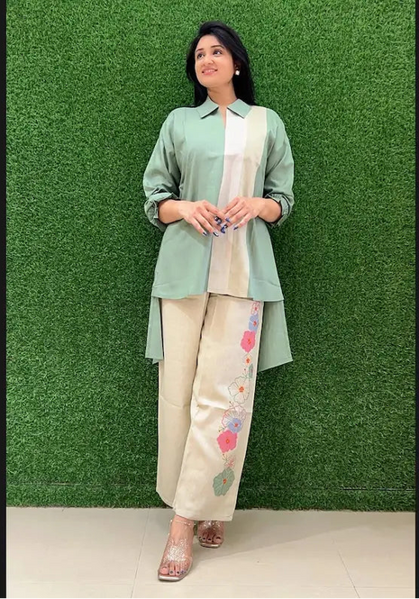 Women’s cotton co-ord set with one-side embroidery and relaxed fit