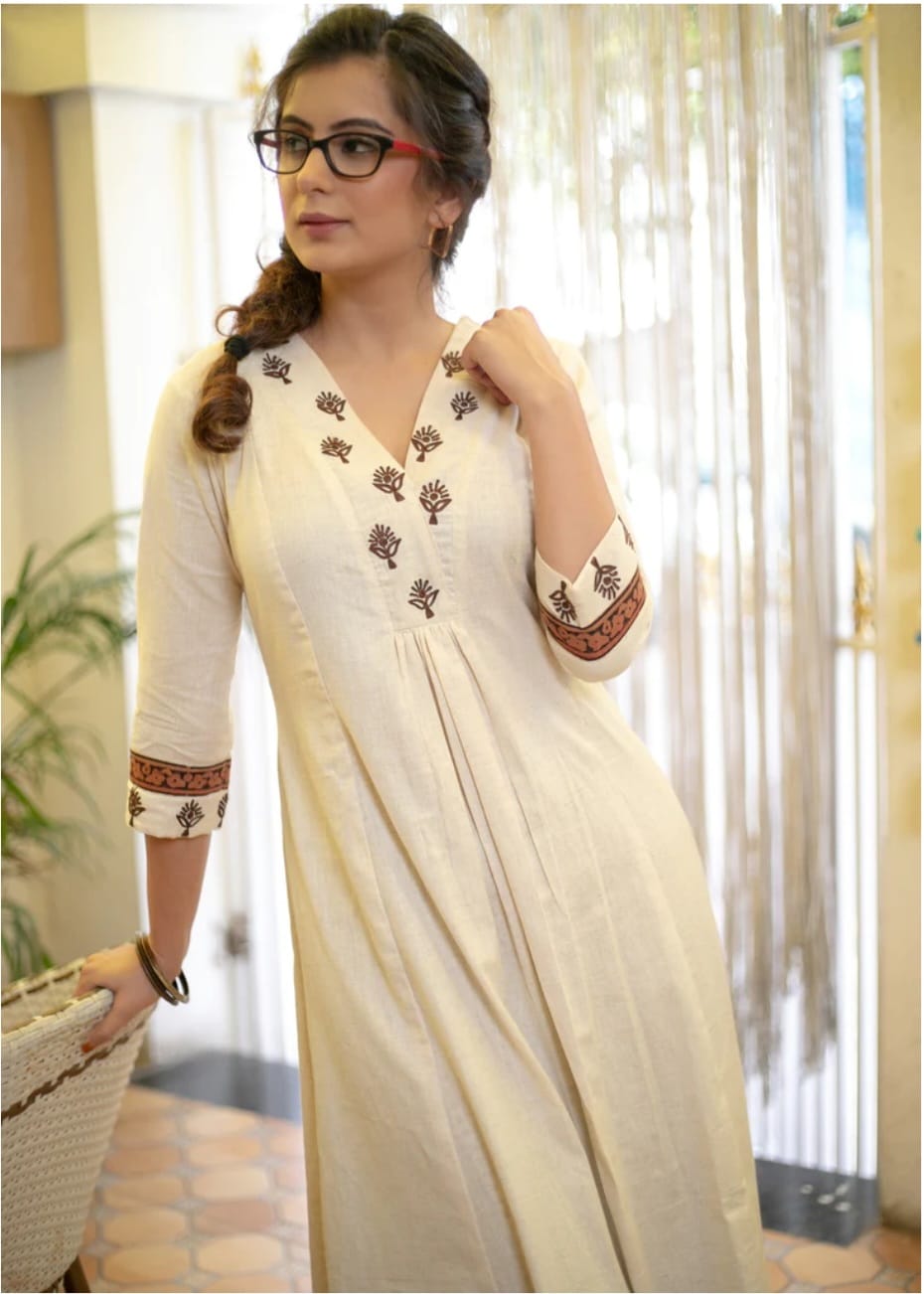Close-up of embroidered border on rayon kurta

