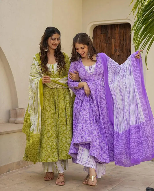 Printed cotton Anarkali kurta set with angrakha style flare