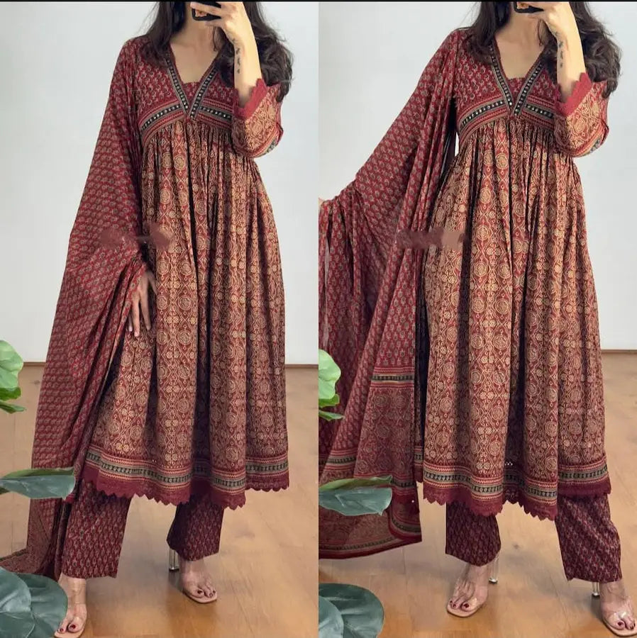 Printed cotton Anarkali suit set with full sleeves