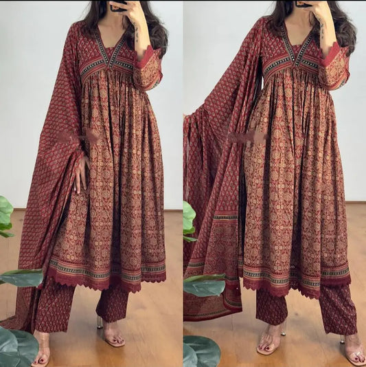 Printed cotton Anarkali suit set with full sleeves