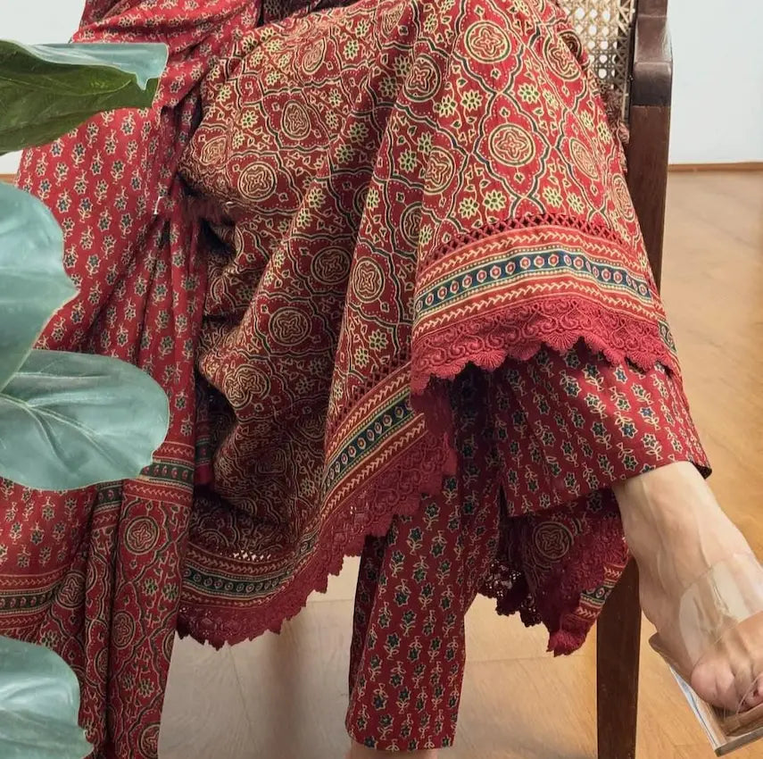 Flared 3-piece cotton kurta pant dupatta set for women