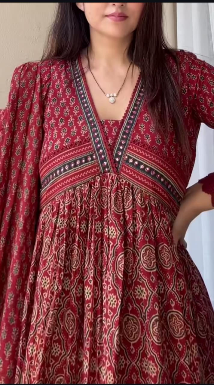 Elegant printed cotton Anarkali with 2.2m dupatta