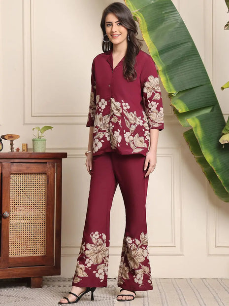 Printed cotton co-ord set with bold collar design for women