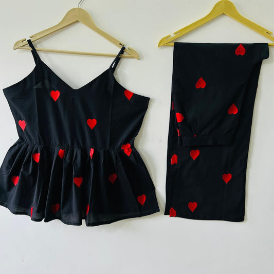 White & black embroidery cotton co-ord set front view