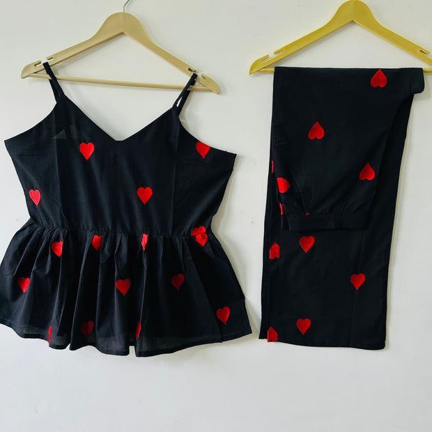 White & black embroidery cotton co-ord set front view