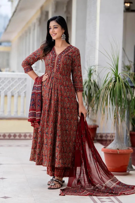 Elegant A-line cotton kurta set with pant and dupatta