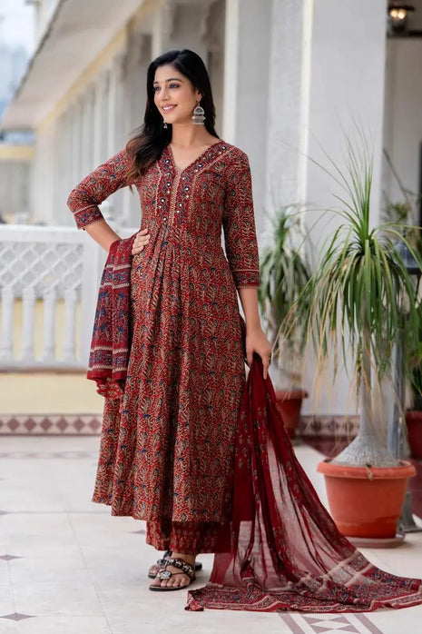 Elegant A-line cotton kurta set with pant and dupatta