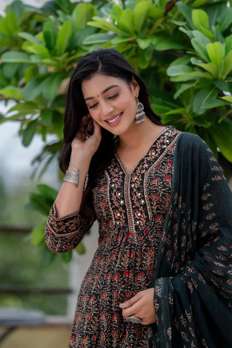 printed cotton suit set with festive embroidery details