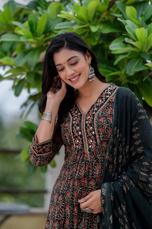 printed cotton suit set with festive embroidery details