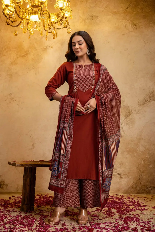 Printed cotton kurti palazzo set with handwork and malmal dupatta