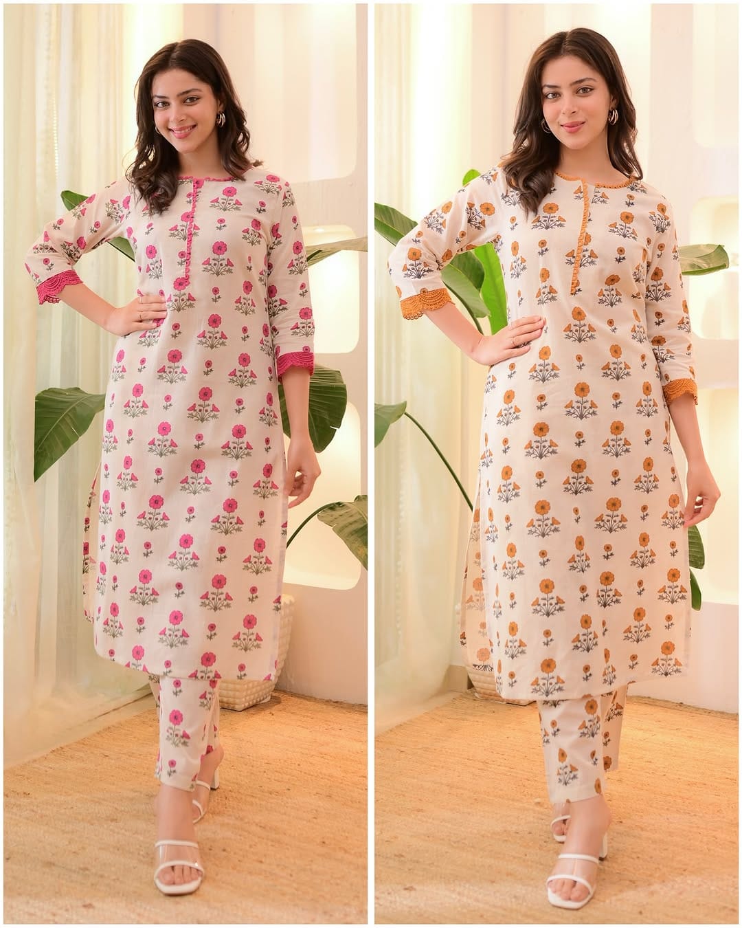 Cotton kurti pant set with prosin print in pink

