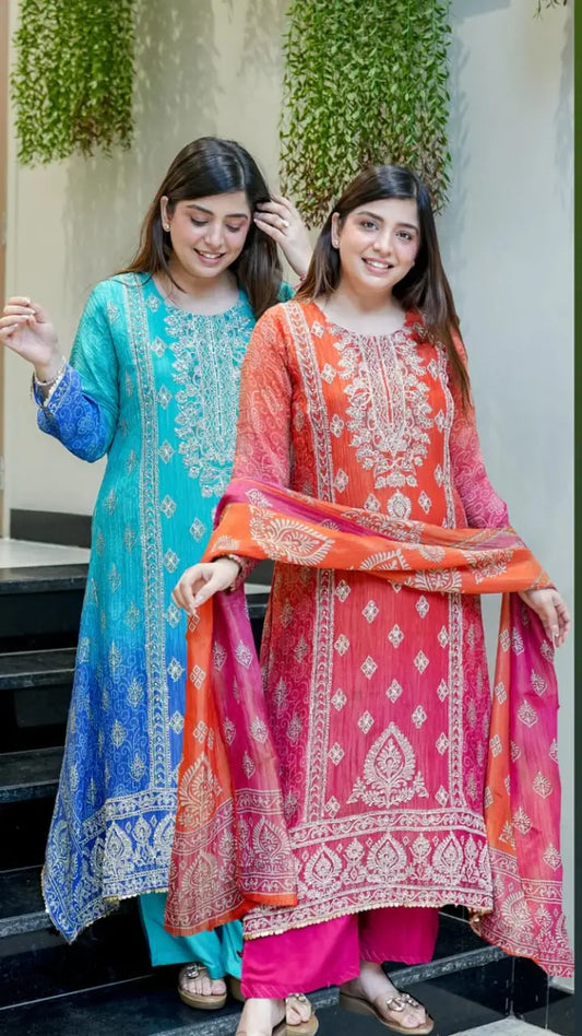 Pure chinnon embroidered suit set with dupatta