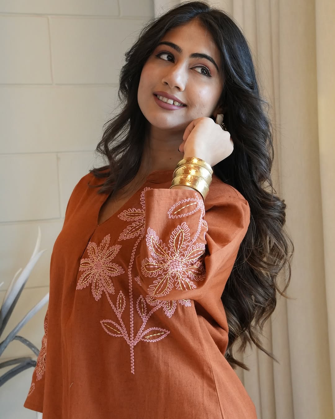 Embroidered cotton kurta and pant in rust and purple


