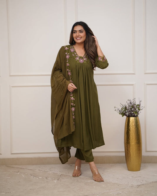 Pure cotton kurta pant dupatta set with embroidered yoke