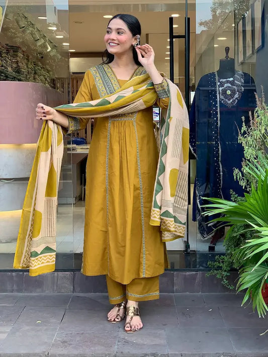 Pure cotton embroidered suit set with full dupatta