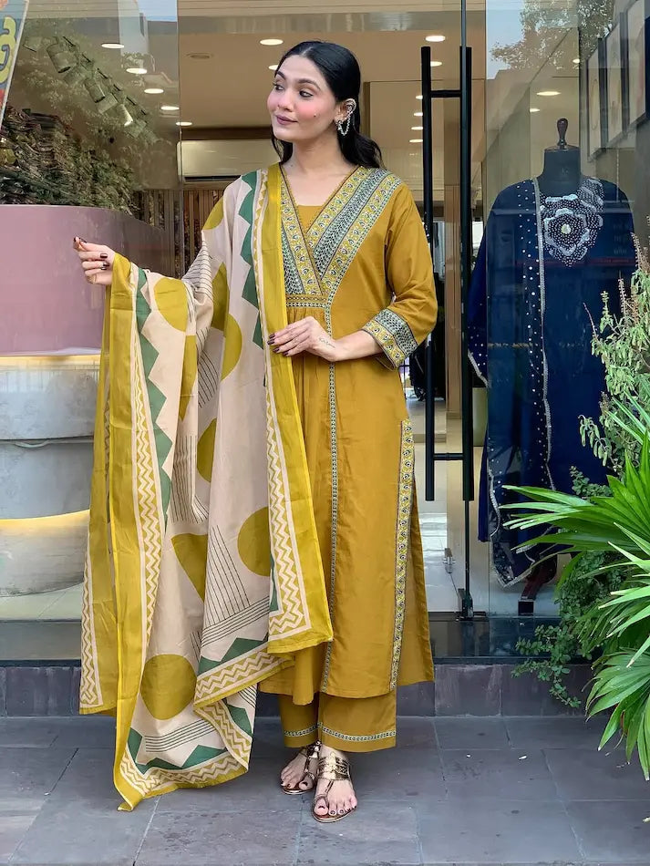 Haldi and mehendi-ready cotton kurta pant dupatta set