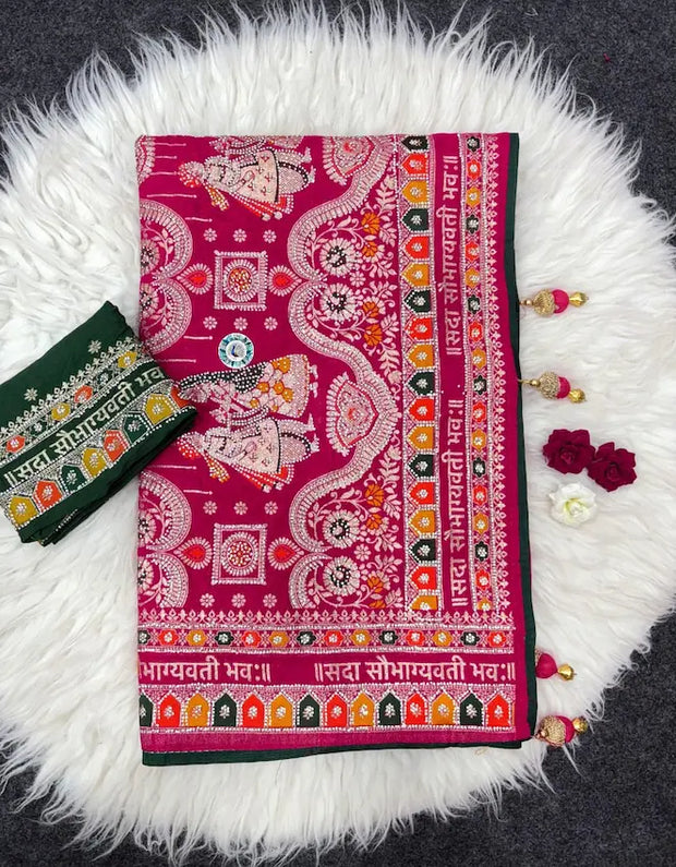 Traditional zari weaving saree with contrast blouse design