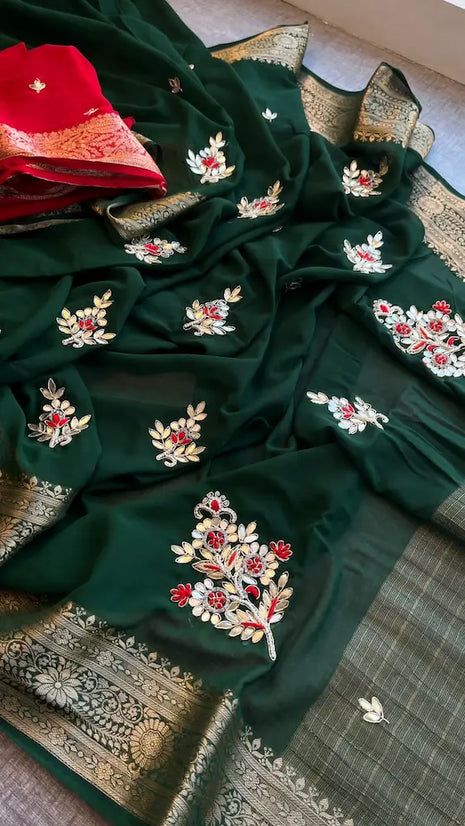 Elegant zari embroidery saree for haldi and festive wear