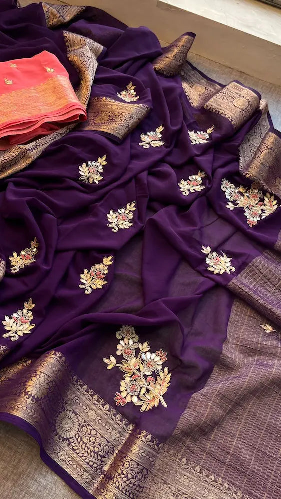 Handcrafted georgette saree with rich zari pallu and border