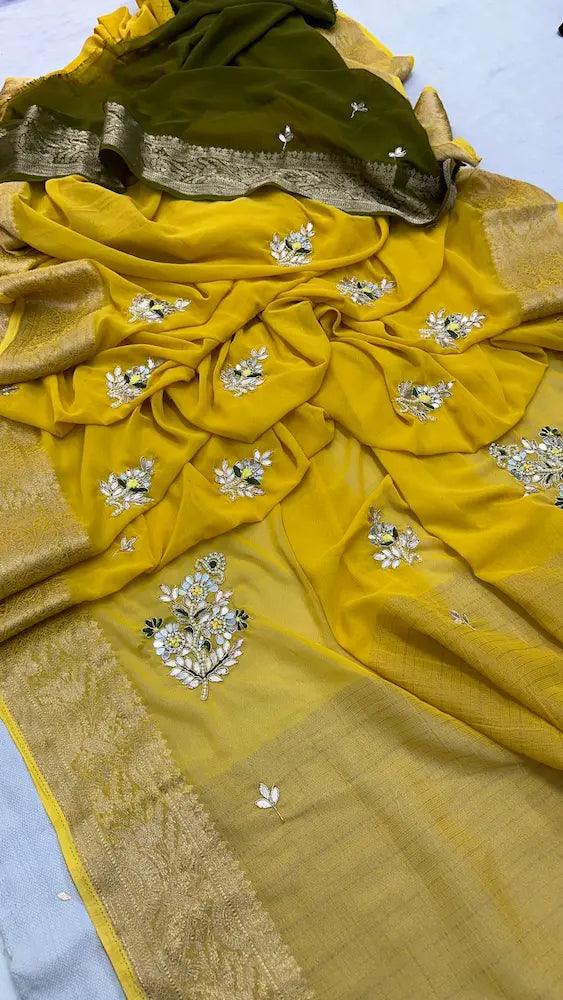 Elegant zari embroidery saree for haldi and festive wear in yellow