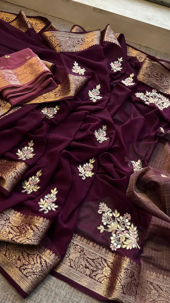 Pure georgette nano zari handwork saree with contrast blouse