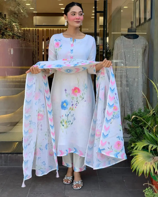 Pure linen suit set with multicolour kurta pant dupatta