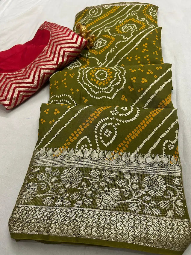 Pure Russian silk chunari bandhej saree with zari border