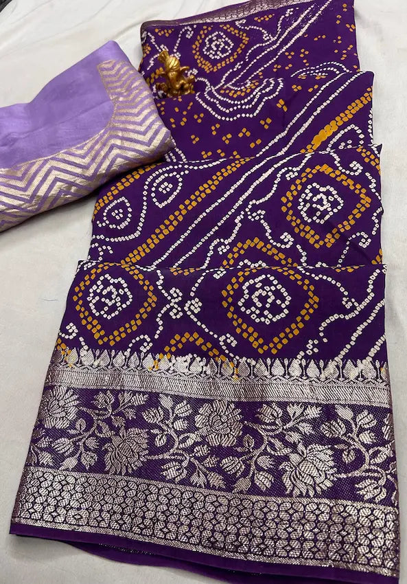 Full drape view of traditional bandhej saree in Russian silk