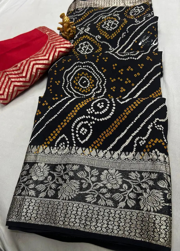 Pure Russian silk chunari bandhej saree with zari border in black