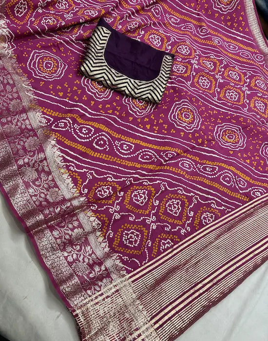 Pure Russian silk chunari bandhej saree with zari border close up