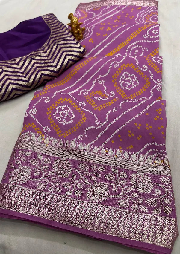Pure Russian silk chunari bandhej saree with zari border in lavender