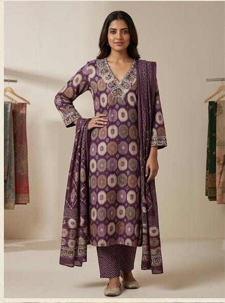 Purple straight fit suit set for women with embroidery work