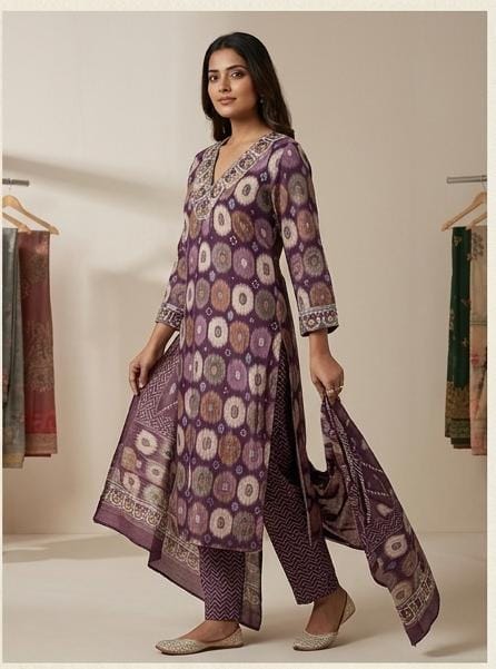 Purple V-neck embroidered kurta set for women
