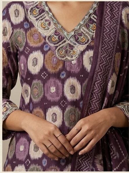Women's purple ethnic suit set with elegant neckline embroidery