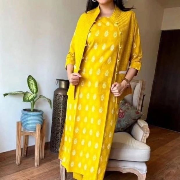 Winter cotton kurta pant set with soft quilted jacket