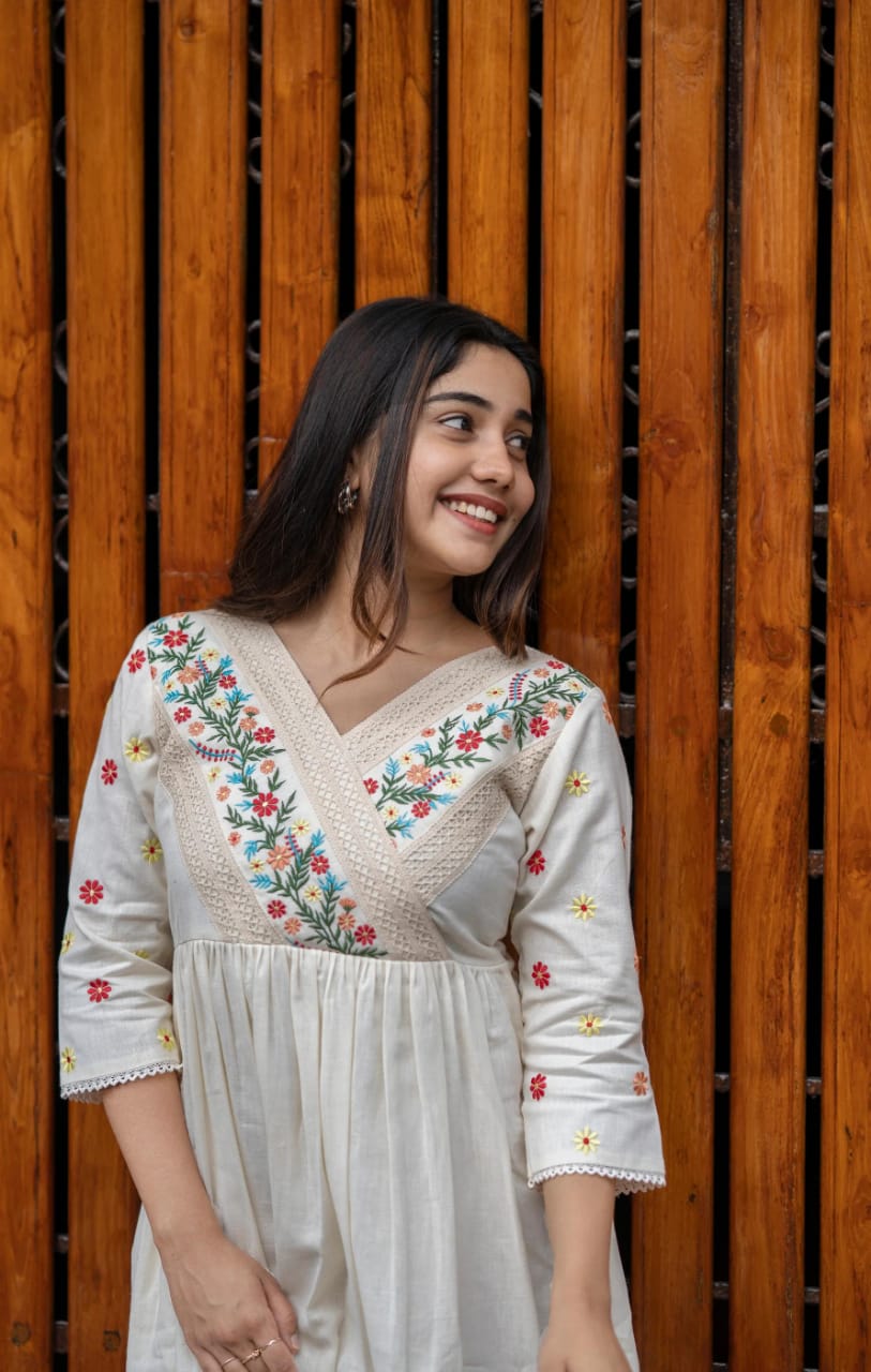 Floral embroidery and lace detail on rayon dress yoke

