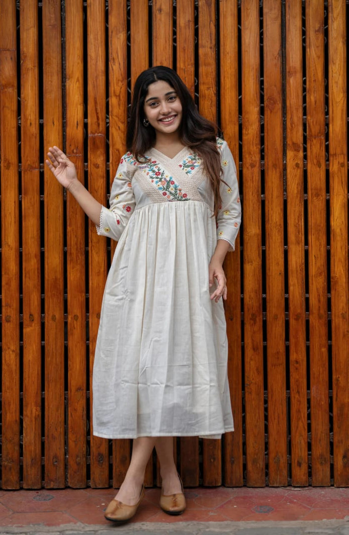 Rayon embroidered dress with floral yoke and lace sleeves

