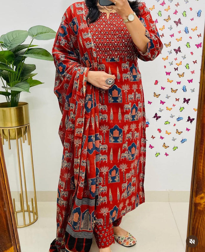 Blue rayon kurti pant set with traditional printed dupatta

