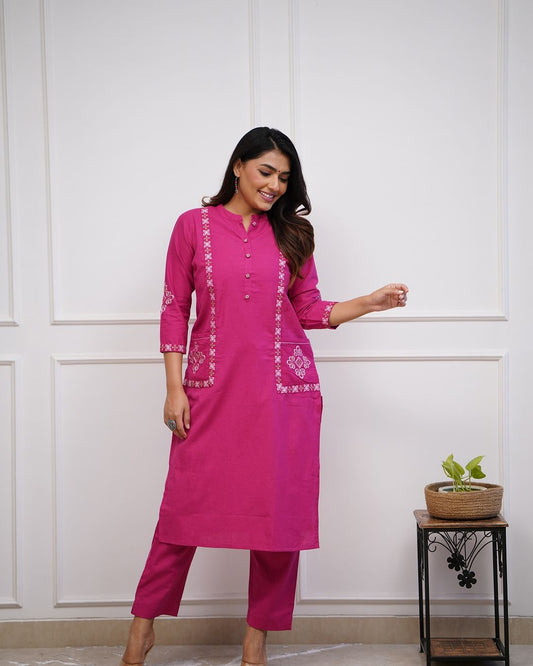 Rayon kurti pant set with full embroidery and button work