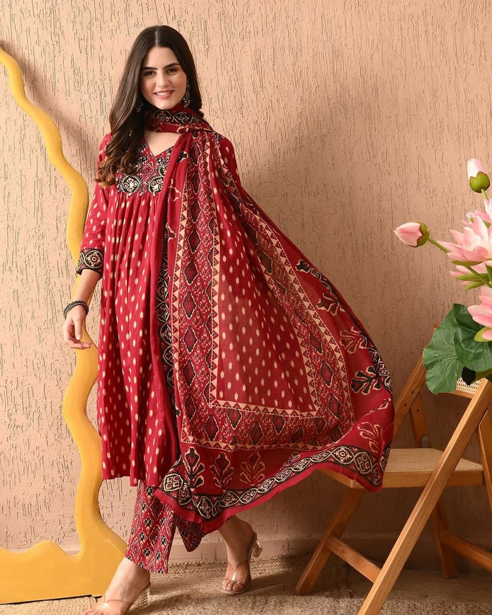 Red cotton A-line kurti with floral work

