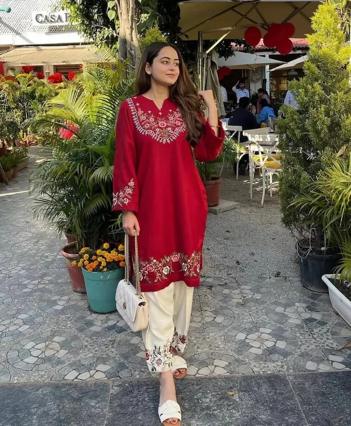 Red embroidered cotton co-ord set with front detailing