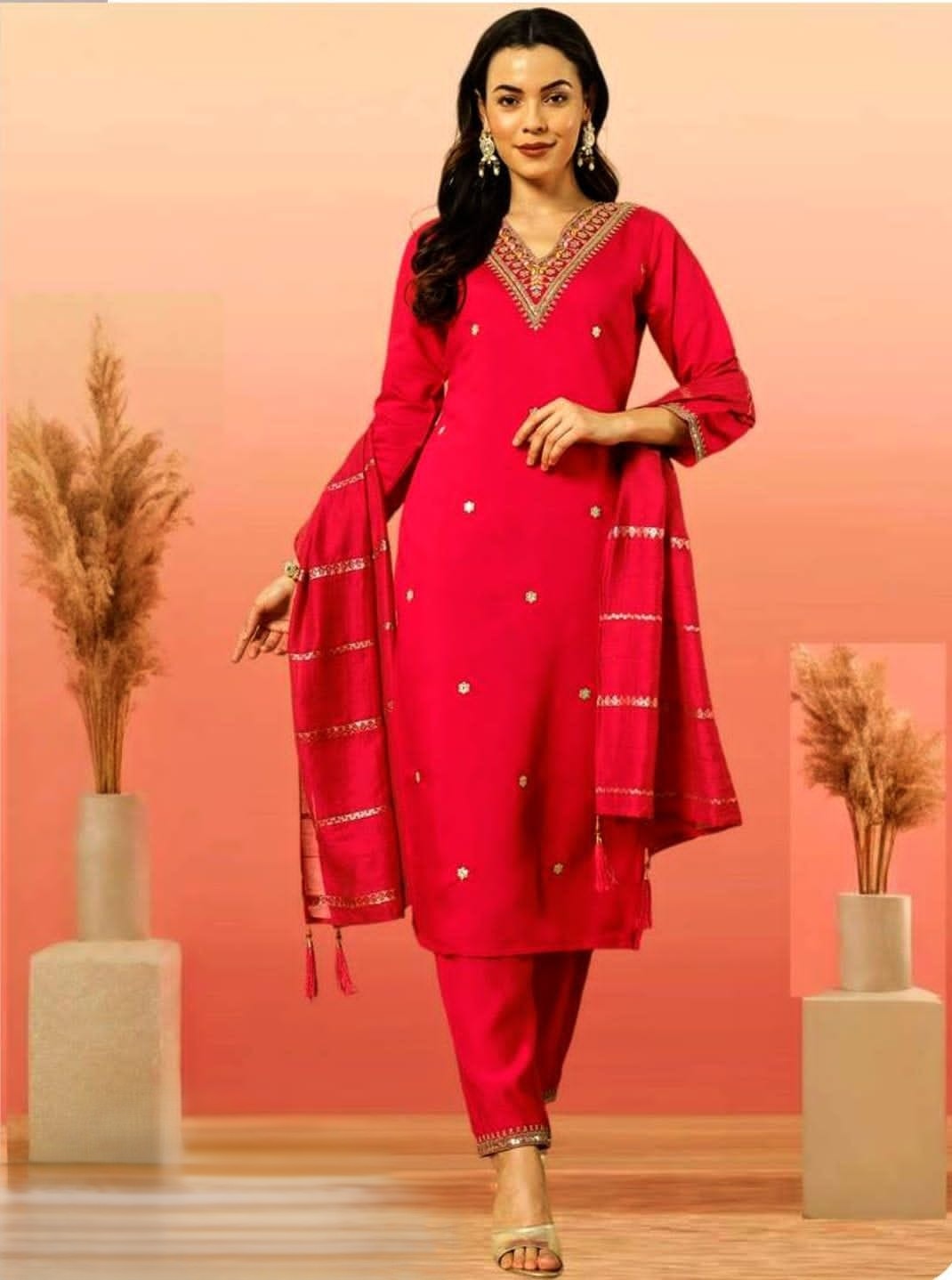 Red kurti set with embroidery and sequin dupatta

