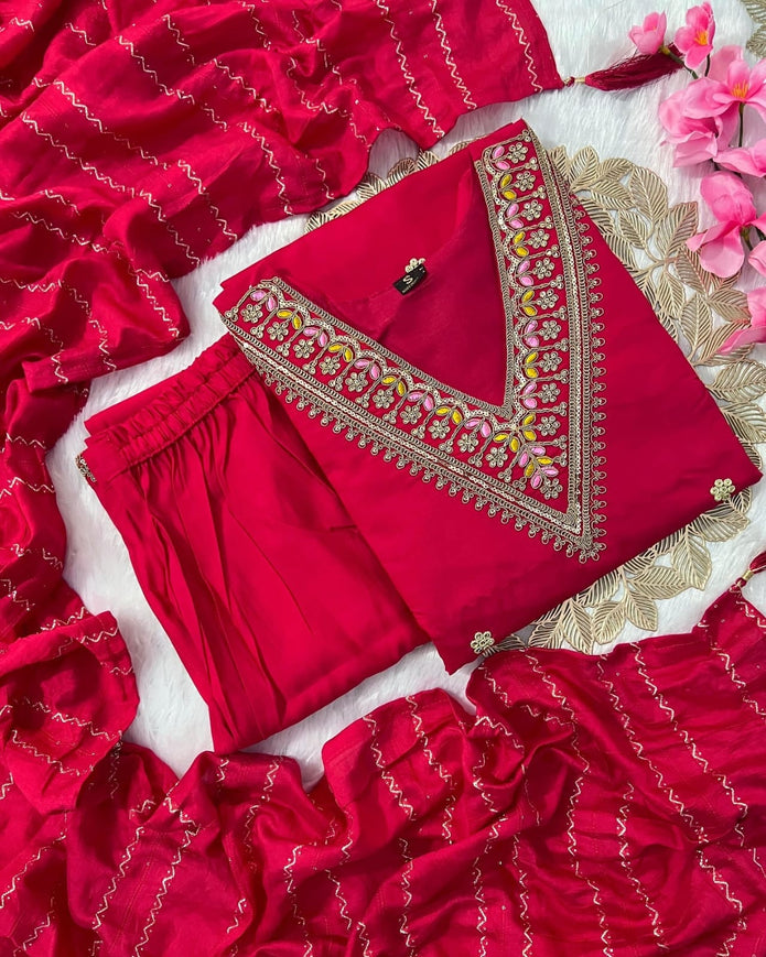 Full 3-piece kurti, pant, and dupatta set in red

