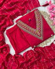 Full 3-piece kurti, pant, and dupatta set in red

