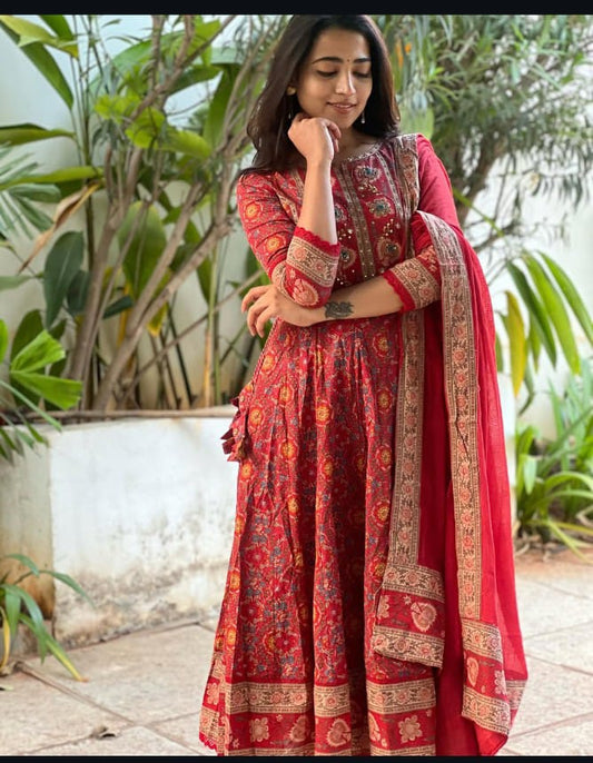 Gulmohar Sanganeri Print Cotton Anarkali Kurta Set