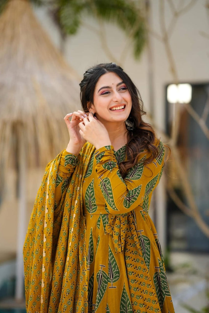 Cotton Anarkali suit set with traditional print and dupatta


