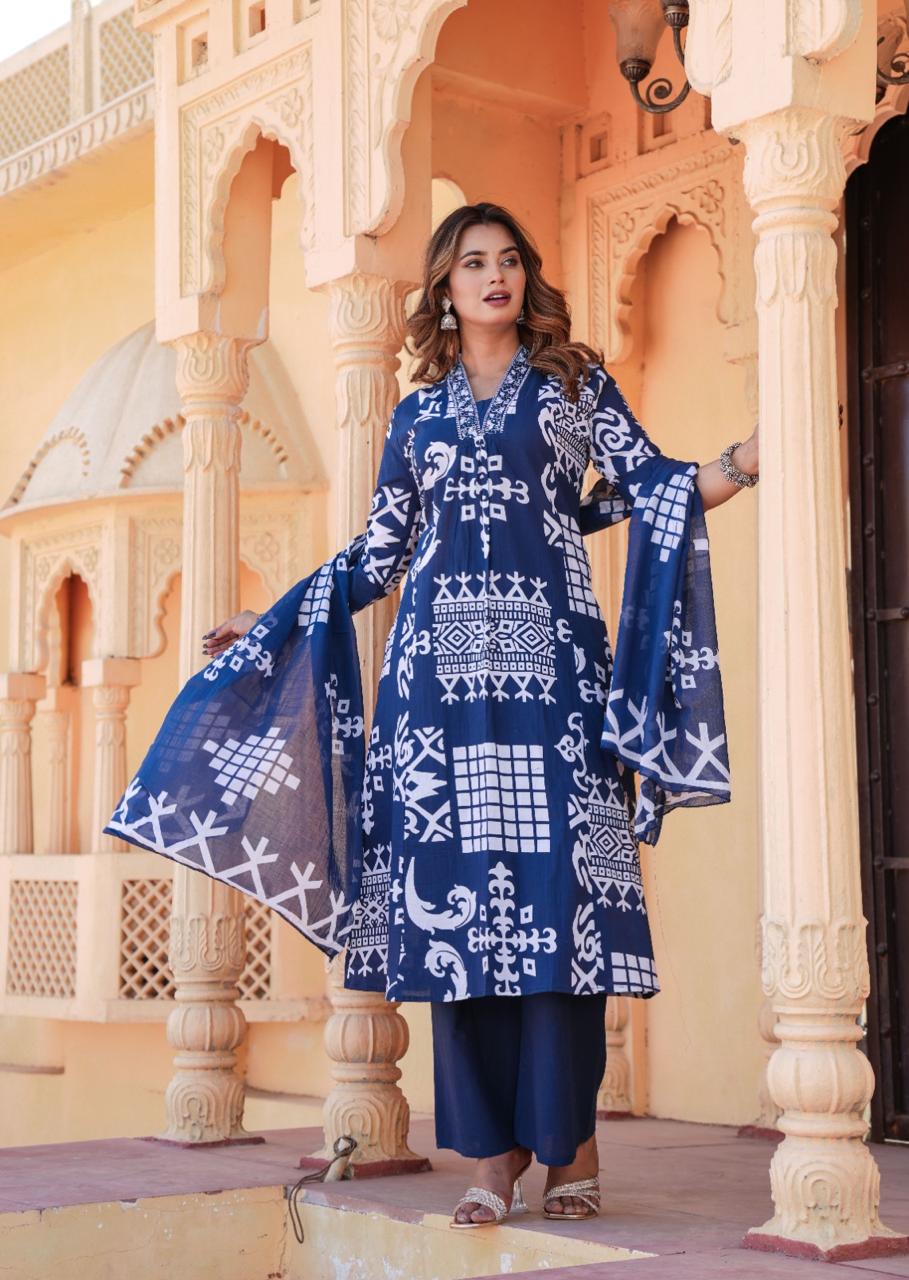 Printed kurta with hand embroidery and flair

